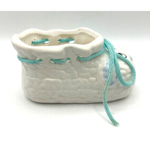 Vintage Ceramic Baby Shoe Planter Blue Laces Adorable Face Shower Gift - Picture 2 of 9